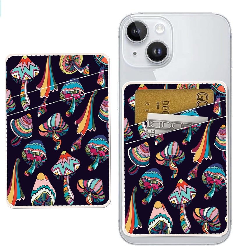 AOHRO Dual Pocket Leather Phone Wallet Adhesive Stick On, Cute Card Holder, Credit Card Holder for Case Compatible with Most Phones Boho Mushroom - Image 1